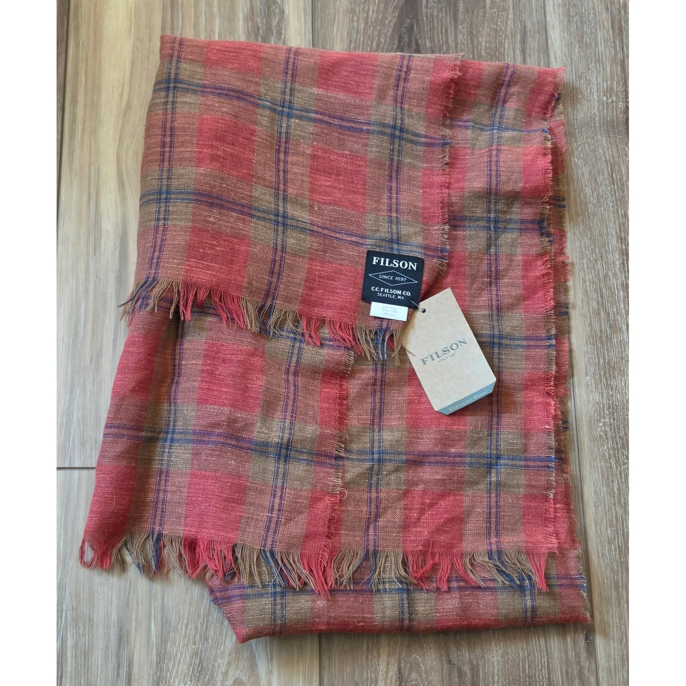 NWT Filson Appalachian Plaid Scarf Wool Linen Silk Fringed Edges Lightweight